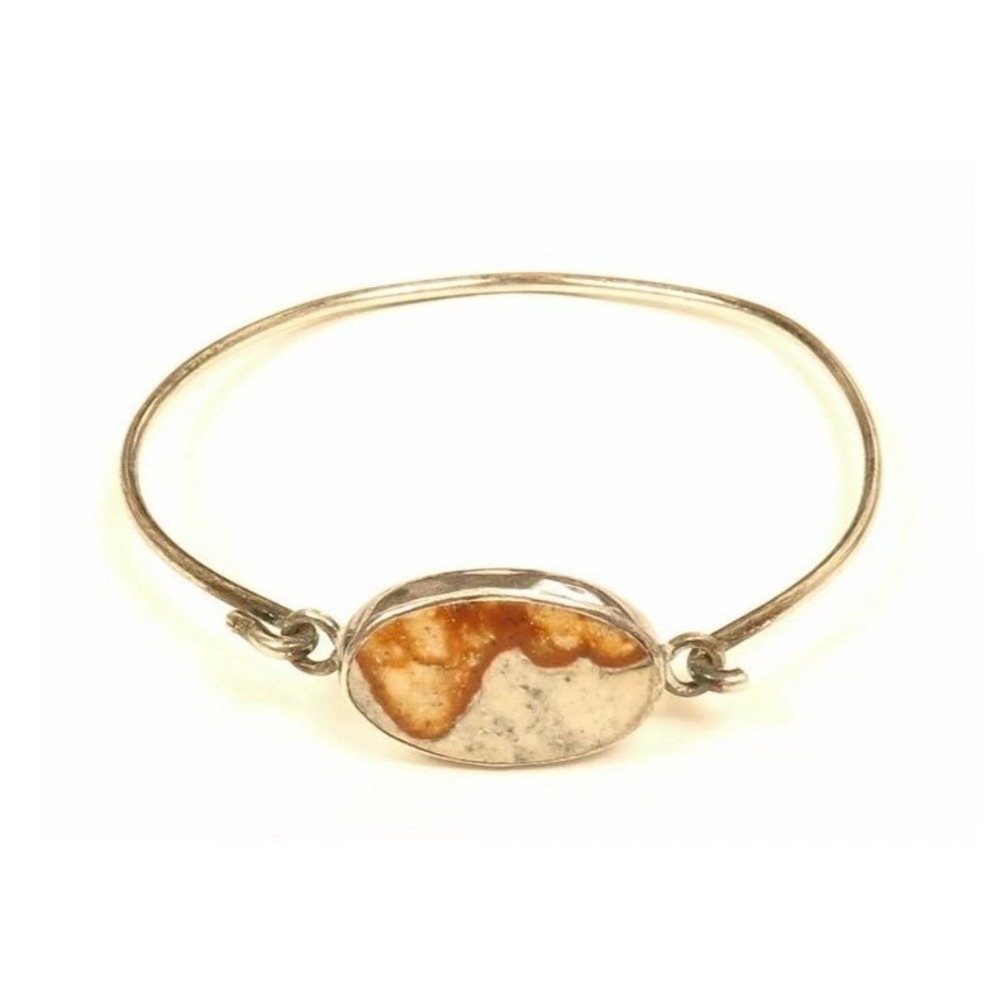 VINTAGE STERLING SILVER JASPER STONE BANGLE BRACELET OVAL EARTH TONE HOOK EYE